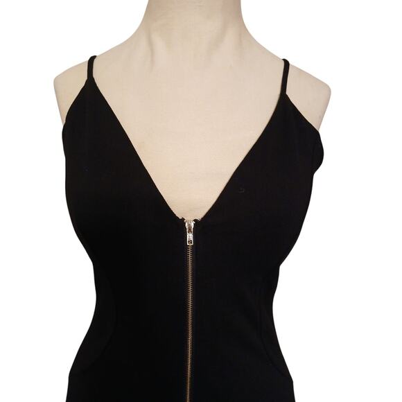Haute Monde Dress Gold Zip Front Bodycon Size M Black V-Neck Spaghetti Straps - Picture 3 of 16